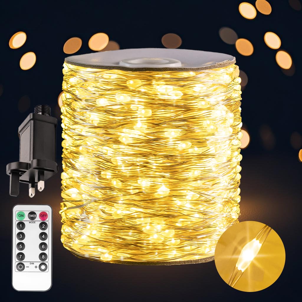 PCORES 100M Plug in Fairy Lights with Remote Warm White 1000 LED Silver Wire LED String Lights for Bedroom Living Room Patio Porch Garden Christmas Tree