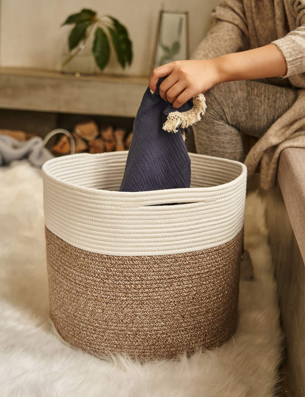 Goodpick Large Cotton Rope Basket 15.8"x15.8"x13.8"-Baby Laundry Basket Woven Blanket Basket Nursery Bin : Baby