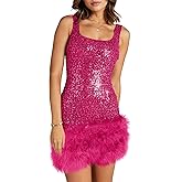 Wenrine Womens Sparkly Sequin Dress Bodycon Square Neck Fur Club Party Mini Dresses