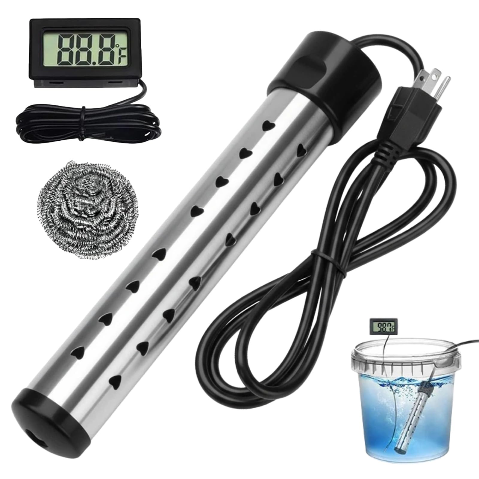Photo 1 of 1500W Immersion Water Heater Electric, Portable Water Heater, Fast Heating, Bucket Heater with Digital Thermometer for Bathtub, Inflatable Pool, Camping, or Outdoor