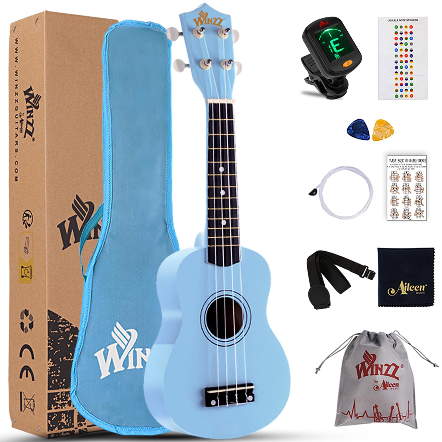 Winzz Blue Ukulele Soprano Beginners Kit with Bag, Clip-On Tuner, Extra Strings, Strap, Plectrum, Fret Stickers, Chords Card, Polishing Cloth