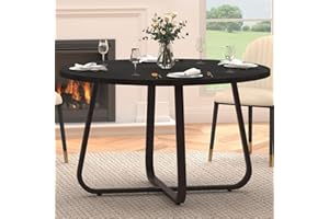 LVB Black Round Dining Table, Modern Wood Metal Kitchen Table, Industrial Small Dinner Room Table for 4 to 6 People, Circle Coffee Dining Room Table for Home Kitchen Living Room, Black Oak, 51 Inch