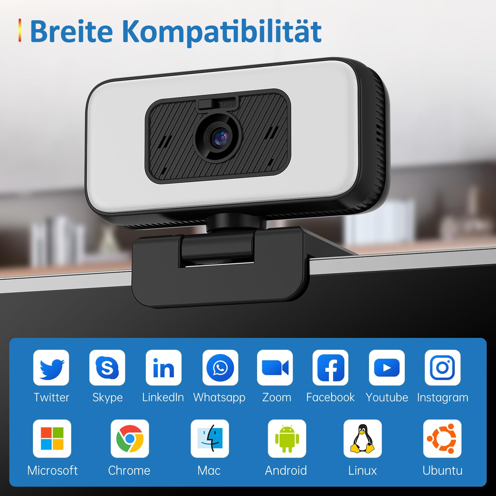 Danyesth 2K Webcam mit Mikrofon und Abdeckung – USB PC Kamera mit Licht, Zoom, Flip, Privacy-Cover – Externe Web Cam für Laptop, Desktop, Homeoffice & Streaming 7
