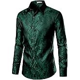 ZEROYAA Men's Paisley Jacquard Slim Fit Long Sleeve Button Up Dress Shirt for Party Prom