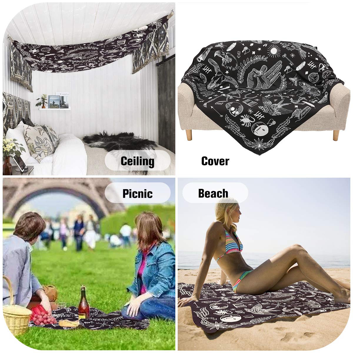 Jeteven Hippie-Tapisserie Mandala Wandteppich Blau forest Tuch, indisch Elephant Wandbehang Wald, Wall Tapestry Boho Yoga Strandtuch Picnic Throw, Wand Deko 165X148cm (H)