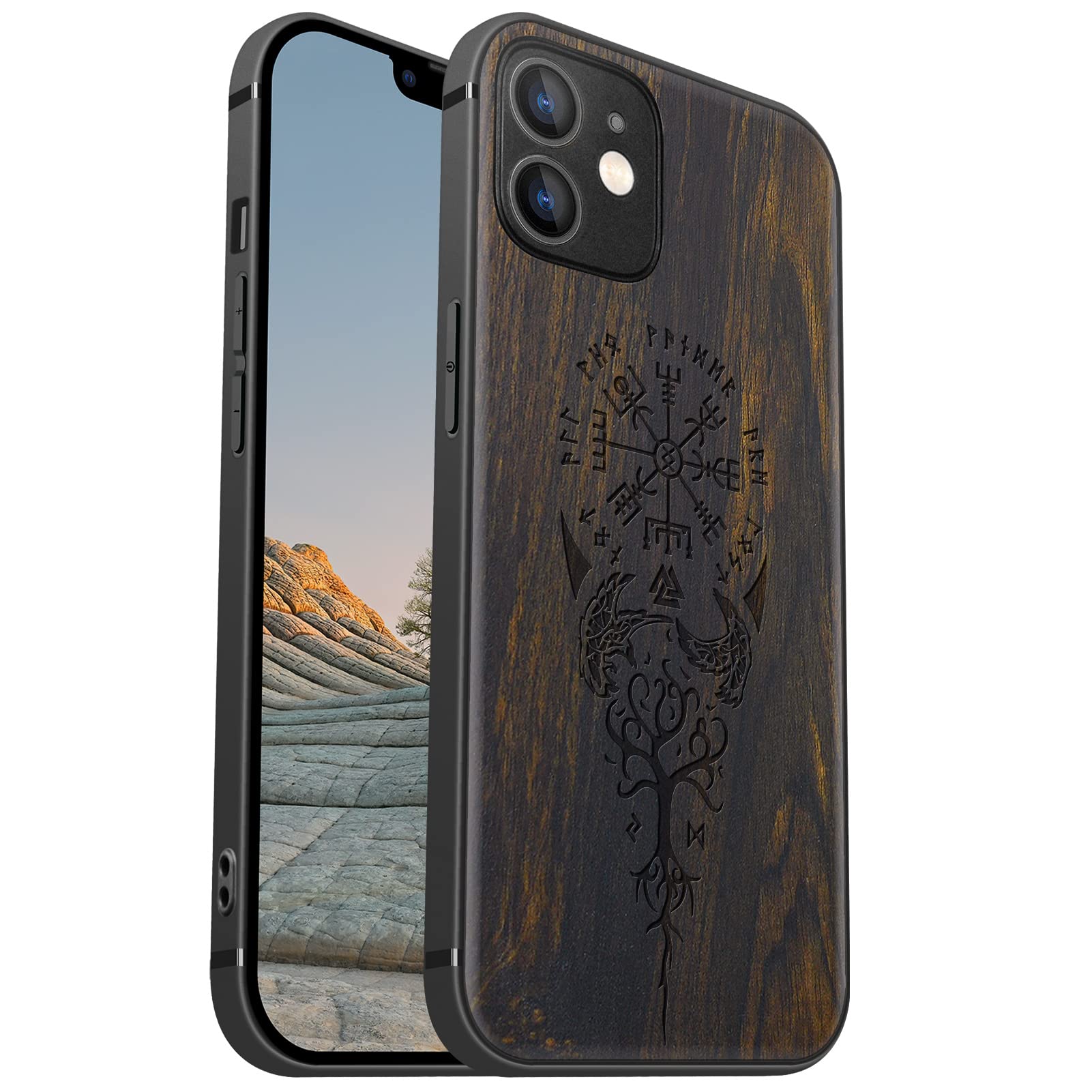 Carveit Magnetic Wood Case for iPhone 12 Case [Hard Real Wood & Soft TPU] Shockproof Hybrid Protective Cover Unique & Classy Wooden Case Compatible with MagSafe (Viking Compass Vegvisir-Blackwood)