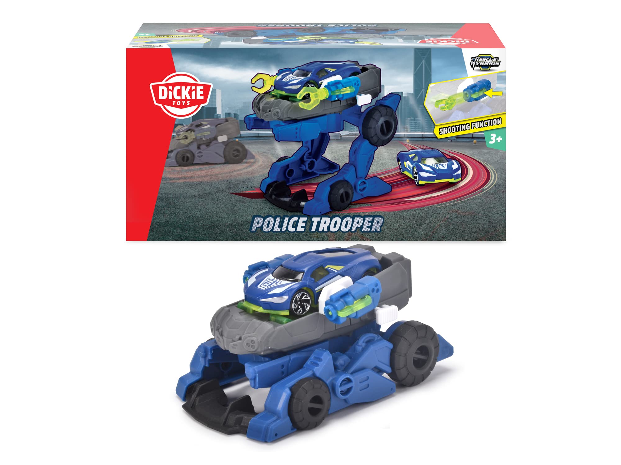 Dickie Rescue Hybrids Police Trooper - Electric blue and white police trooper vehicle accurately scaled to 1:64, 12cm, Clear
