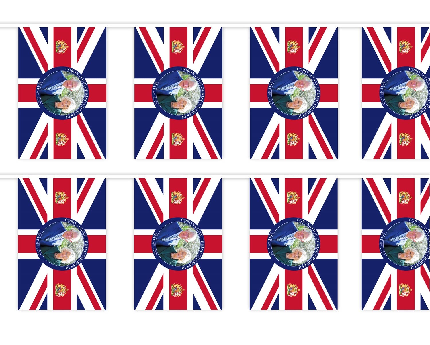 Large Polyester 20m/66ft Bunting King Charles III with Queen Consort Portrait 48 Union Jack Flags King's Coronation Celebration Banner Royal Family UK British Street Party Decoration
