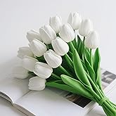 ZOES HOMDECO 20 Pcs Fake Tulips Artificial Flowers 13" White Faux Flowers Real Touch PU Tulips Bouquet for Floral Arrangement Home Kitchen Table Wedding Decorations