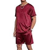 Ekouaer Men Silk Pajamas Set 2 Piece Pjs Soft Satin Sleepwear Shorts Button Down Tops Loungewear with Pockets