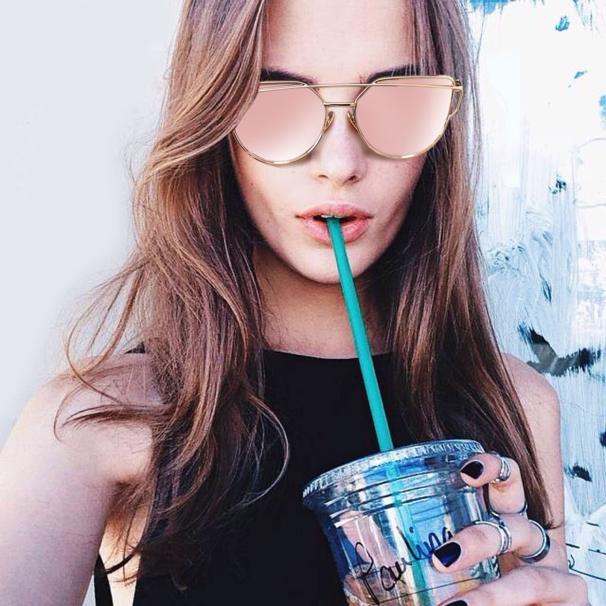 LIVHO G |Cat Eye Mirrored Flat Lenses Street Fashion Metal Frame Women Sunglasses