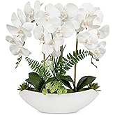 Briful Orchid Artificial Flowers 18in White Fake Orchid Silk Flowers with Ceramic Pot Faux Orchid Arrangement for Home Office Room Coffee Table Centerpiece Modern Decoration