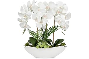 Arborus Orchid Artificial Flowers 18in White Fake Orchid Silk Flowers with Ceramic Pot Faux Orchid Arrangement for Home Offic