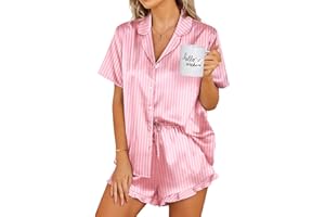 Ekouaer Womens Satin Pajamas Set Button Down 2 Piece Silk Pjs Shorts Set Ruffle Lingerie Notch Collar Sleepwear