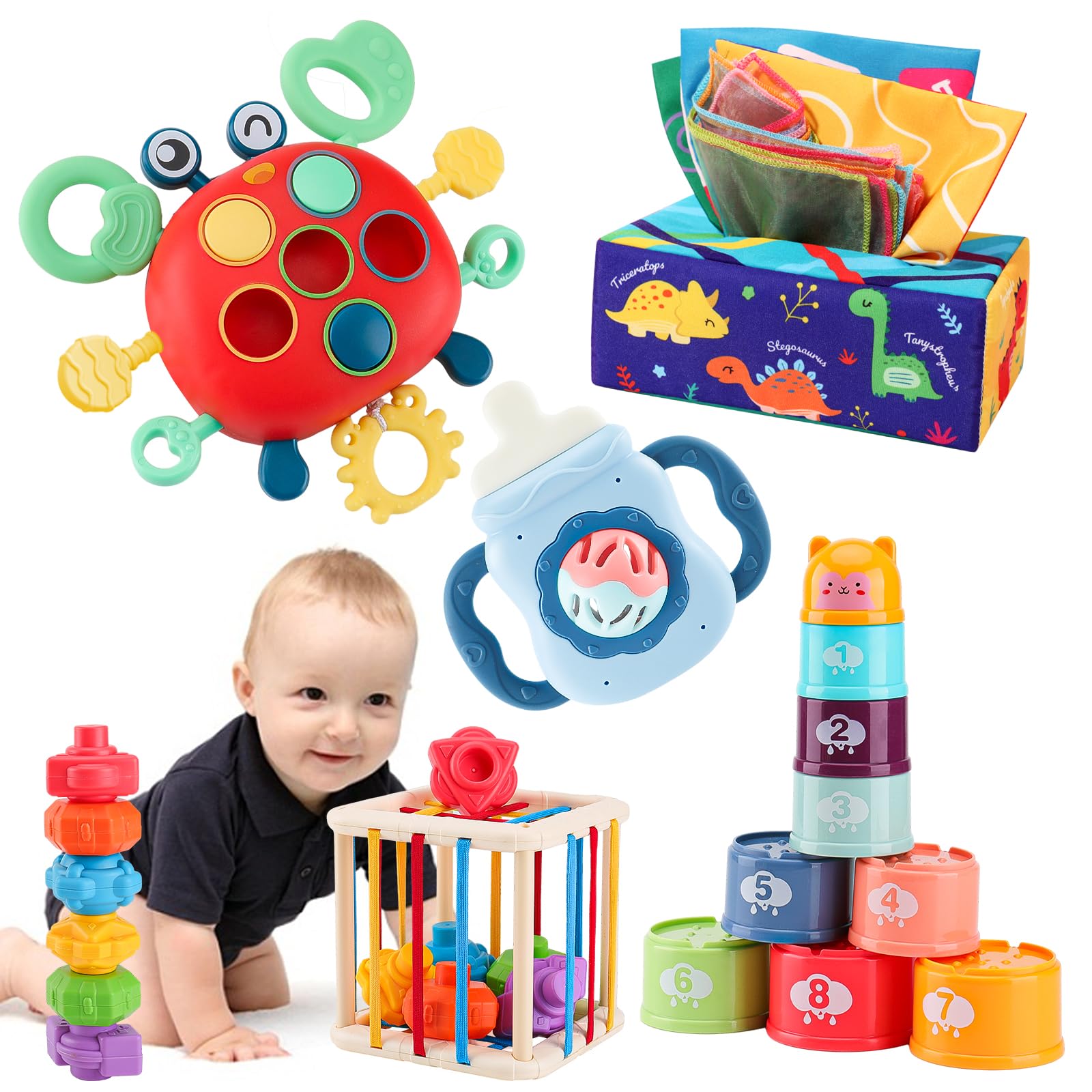KADAYAYA Montessori Baby Toys for 18 Months - 5 in 1 Shape Sorter, Tissue Box, Pull String, Teething, Stacking Cups & Sensory Toddler Gifts