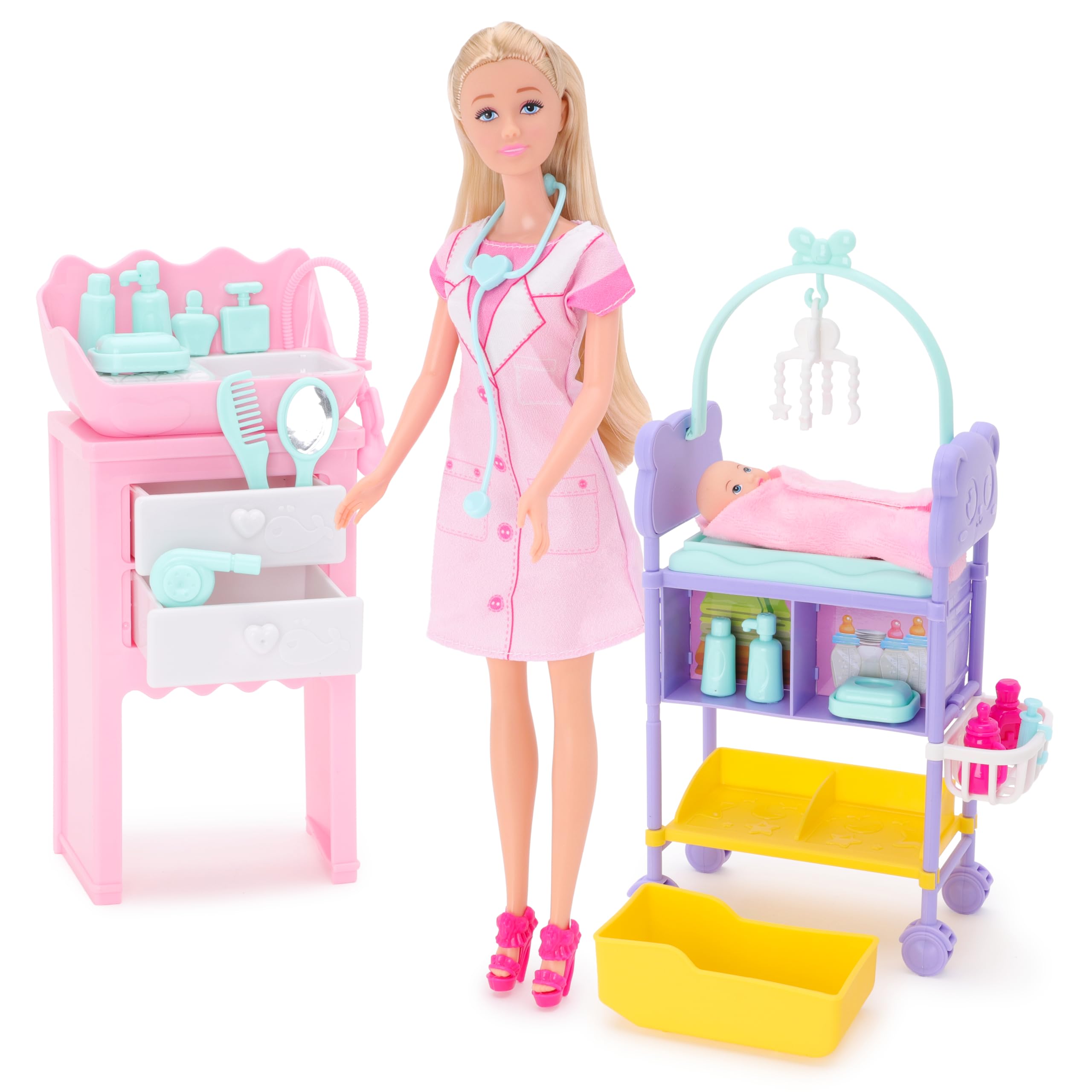 Toyland® Doctor & Baby Fashion Doll Playset - 1 Doll, 1 Baby doll, 1 Bathing Station, 1 Baby Changing Table & 15 Accessories Included - Girls Toys