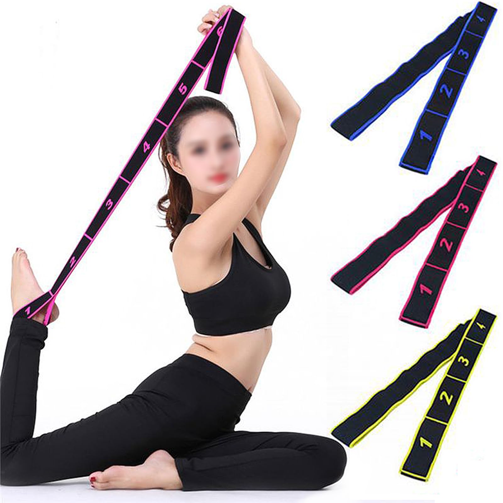 Pack of 3 Fitness Bands with Loops, Stretch Band for Strength Training and Weight Loss at Home or in the Gym, Yoga Band Strap with 8 Loops, Washable, Highly Elastic Gymnastics Strap (Pink/Yellow/Blue)