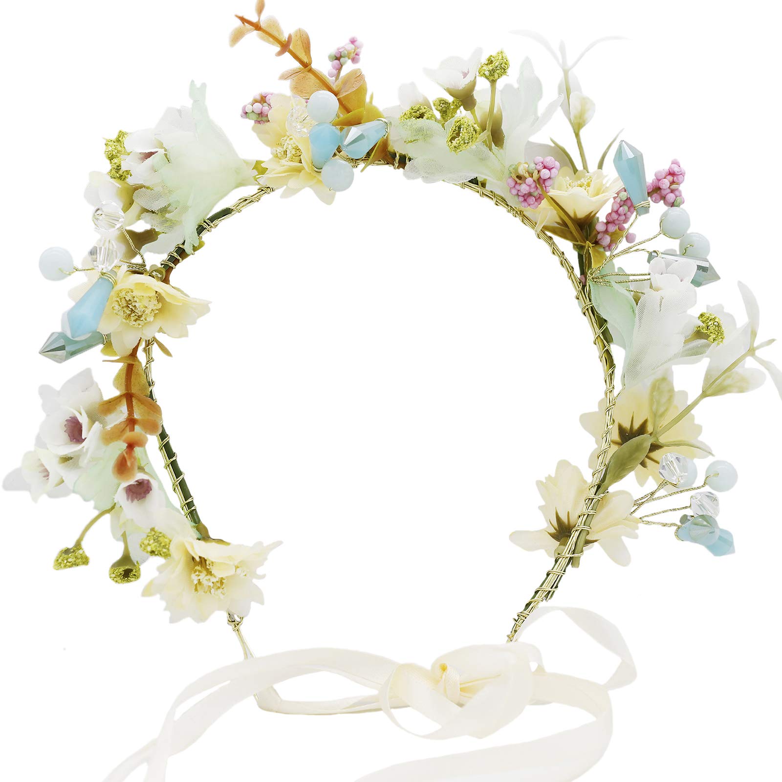 Brikuinr Floral Crown Wreath Pearl Flower Headband Hair Wreath Hair Garland Flower Halo Floral Headpiece with Ribbon Wedding Party Festival Green — image 1