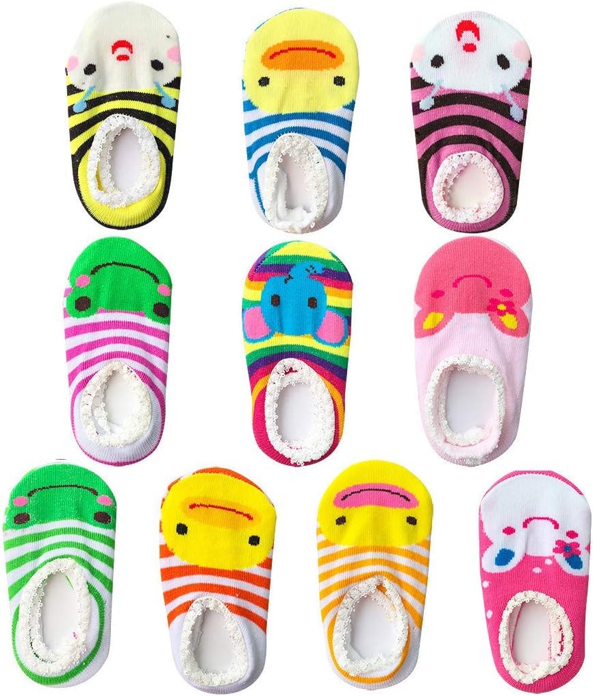 FlyingP Assorted 10 Pairs Cute Animal Baby Ankle Cotton Socks Non-Skid Baby Toddler Anti Slip No-Show Crew Boat Socks for 6-15 Months Grips Socks