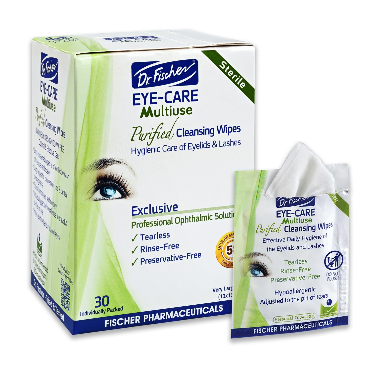Dr. Fischer Eyelid Wipes - Purified, Non-Irritating, Pre-moistened Eye Wipes for Cleansing Sensitive Skin. Hypoallergenic Make-up Remover (30)