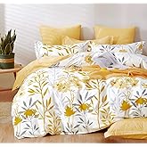 SLEEPBELLA Comforter King Size, 600 Thread Count Cotton Grey Branch with Yellow Flower & Grey Leaves Pattern Orange Reversible Comforter Set,Down Alternative Bedding Set 3Pcs(King, Yellow Botanical)