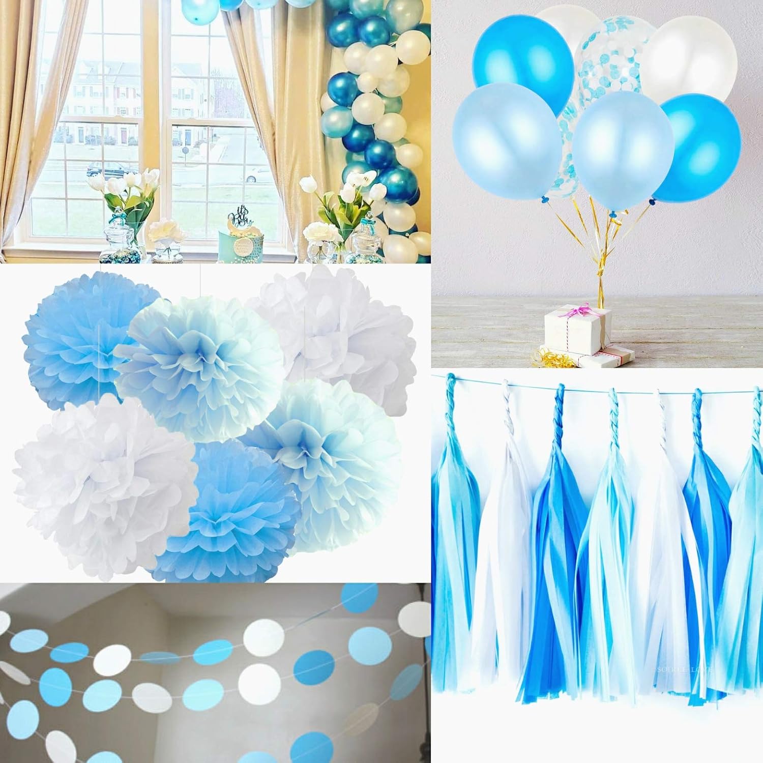 Tissue Pom Poms Qians Party Boy First Birthday Decorations Baby Blue White Turquoise Blue Tissue Paper Pom Poms Ballons Silver Aluminum Foils Happy Birthday Ballons Whales Boy Baby Shower Decorations Home