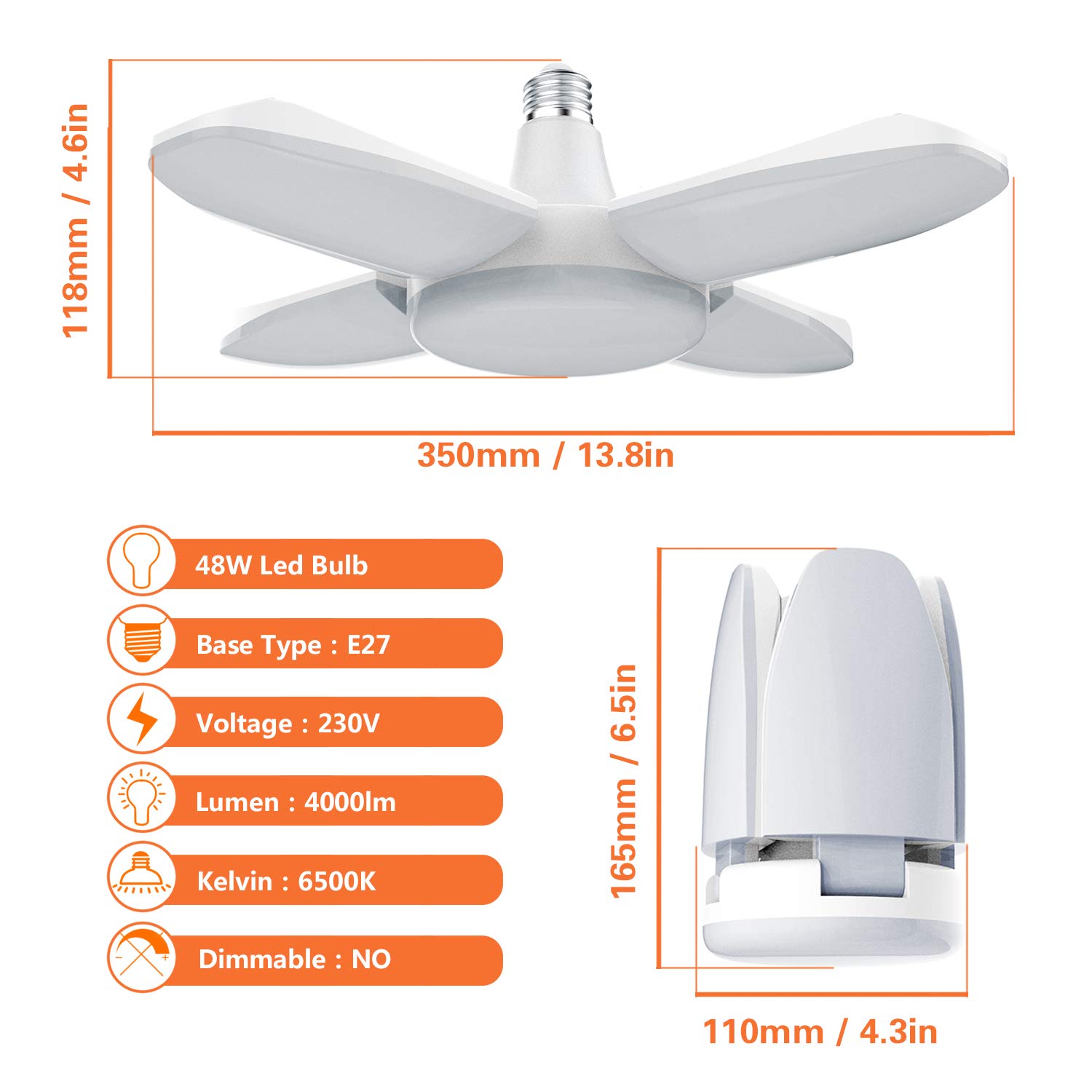 Gezee LED Garagenleuchten 48W E27 6500K 4000LM verstellbare