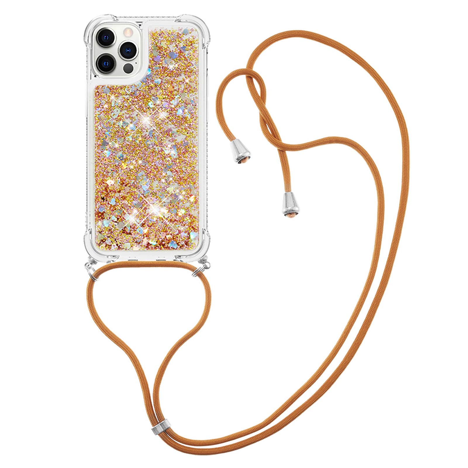 MRSTER Lanyard Phone Case for iPhone 12 Mini, Bling Glitter Quicksand Liquid Sparkle Silicone TPU Case Cover With Crossbody Necklace Cord Strap for iPhone 12 Mini 5.4”. LP Love Gold — image 1