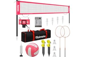 OLYBEAKA 20ft Volleyball & Badminton Combo Net Set Outdoor for Backyard Beach with Adjustable Poles, Durable Anti-Sag Net, PU Volleyball, 2 Aluminum Rackets, Carry Bag for Easy Portable