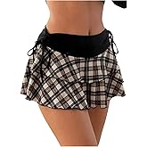 OYOANGLE Women's Plaid Layered Ruffle Mini Skirt Y2K Bow Tie Side Ruched Low Waisted Going Out Skirts