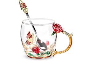 BEFERR Mothers Day Tea Cups Gifts for Mom Birthday Gifts for Women Butterfly Glass Cup with Spoon Set Mothers Day Mom Gifts from Daughter Son Rose Coffee Mug Mothers Day Wife Grandma Gifts for Her Red