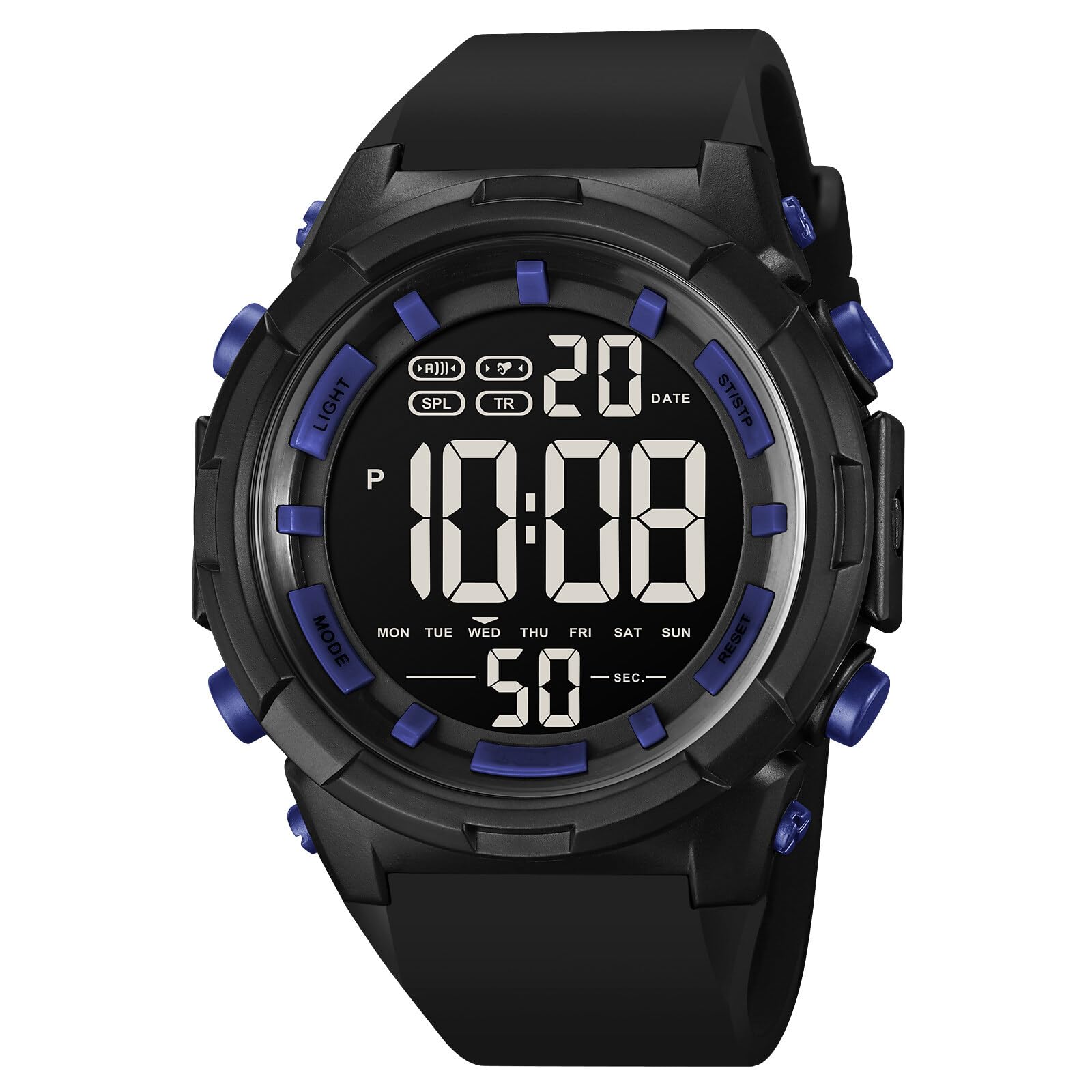 Tevimpeya Men's Digital Watches with PU Straps,50 m Waterproof Watch with LED Backlight for Outdoor, Sport, Casual Etc,Blue