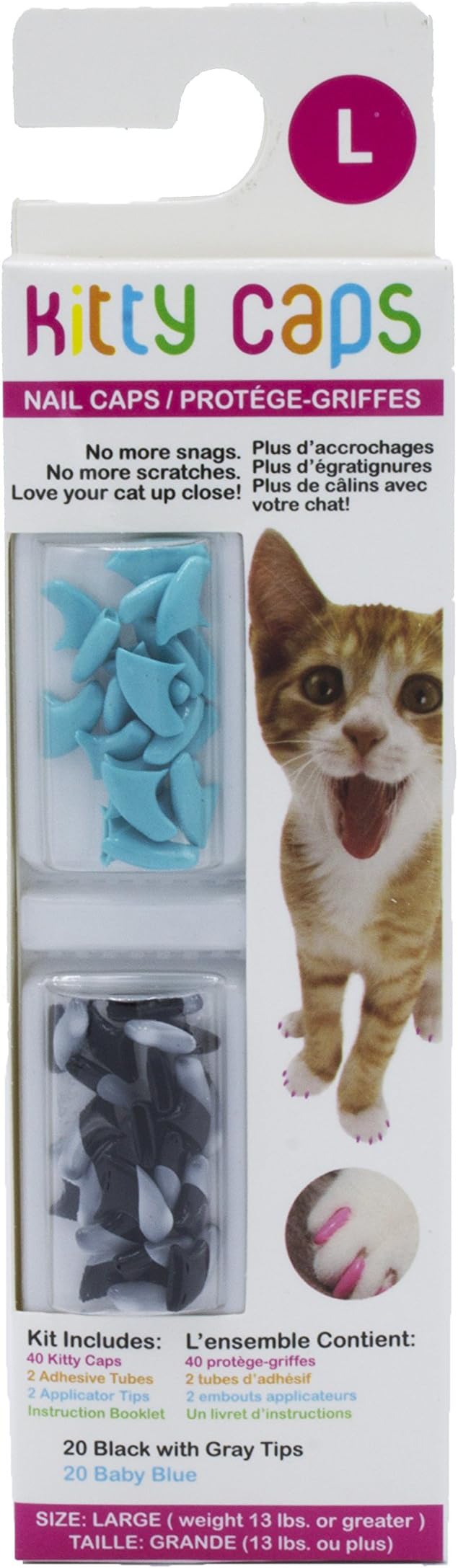 Kitty CapsKitty Caps Kitty Caps Nail Caps for Cats Safe & Stylish Alternative to Declawing Stops Snags and Scratches, Large (13 lbs or greater), Black with Gray Tips & Baby Blue (FF9325) (Pack of 1)