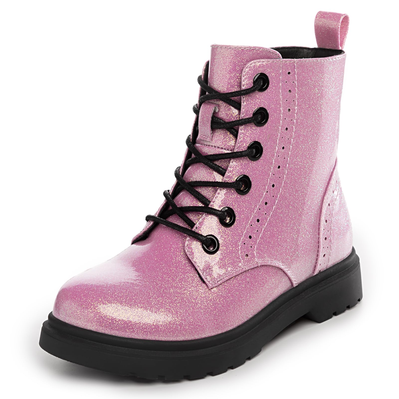 Athlefit Boys Girls Waterproof Combat Boots Lace Up Side Zipper Pink Ankle Booties for Toddler Size 7 Image