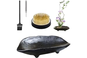 WANDIC Flower Arranging Supplies, Boat Shaped Ceramic Ikebana vases with 4cm Round Flower Frog for Ikebana Floral Arrangement Art Home Decoration, Black Spotted