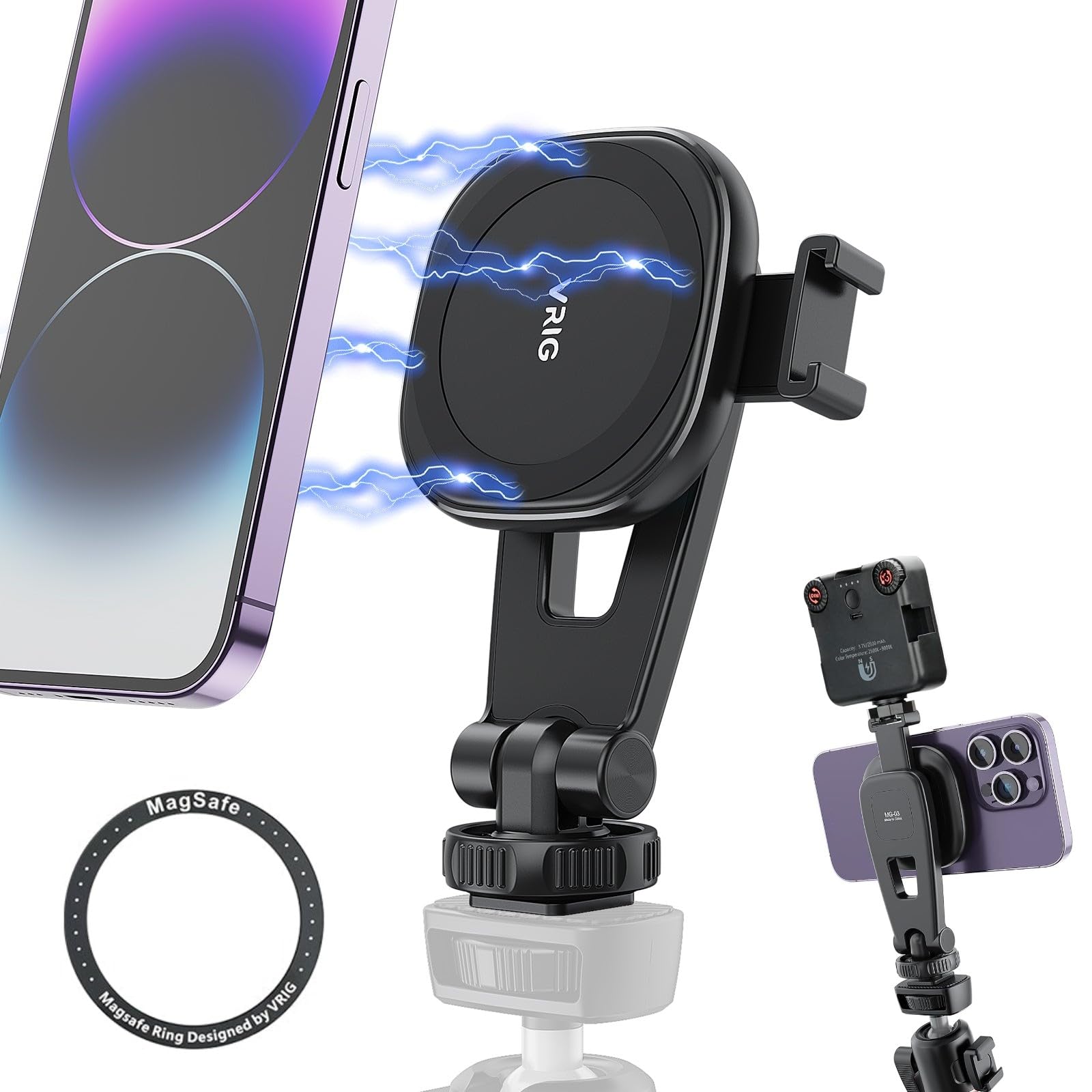 Magnetic Phone Camera Mount For DSLR Cameras, Phone Tripod Mount for Magsafe Cold Shoe & 1/4 Inch Fitment, 360° Rotation. Additional Cold Shoe For Microphone, Light Mounting Includes Magnetic Ring