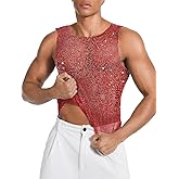 ChiaoLezhee Rhinestones Rave Outfits, Sparkly Mesh Tank Tops, Men's Sexy Sheer Fishnet Shirt for Music Festival
