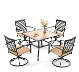 PHI VILLA 5 Pieces Outdoor Dining Set for 4, 37” Square Metal Steel Table with Polywood Tabletop & Swivel Wrought Iron Chairs with Cushions, Outside Furniture Set for Patio, Deck, Yard, Porch