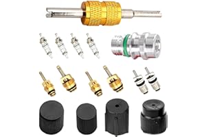 MOXRUQ Air Conditioning Valve Core Kit, AC High & Low Pressure Port Caps, R12 R134a AC Refrigeration Valve Stem Cores, Automobile Air Conditioning System Repair Kit Dual Head Valve Core Remover Tool