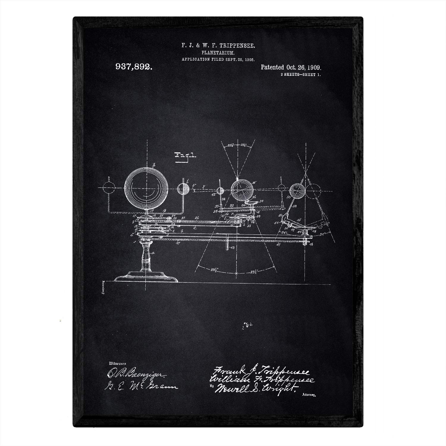 Nacnic Poster patent Planetarium. Sheet with old design patent A3 size with black background