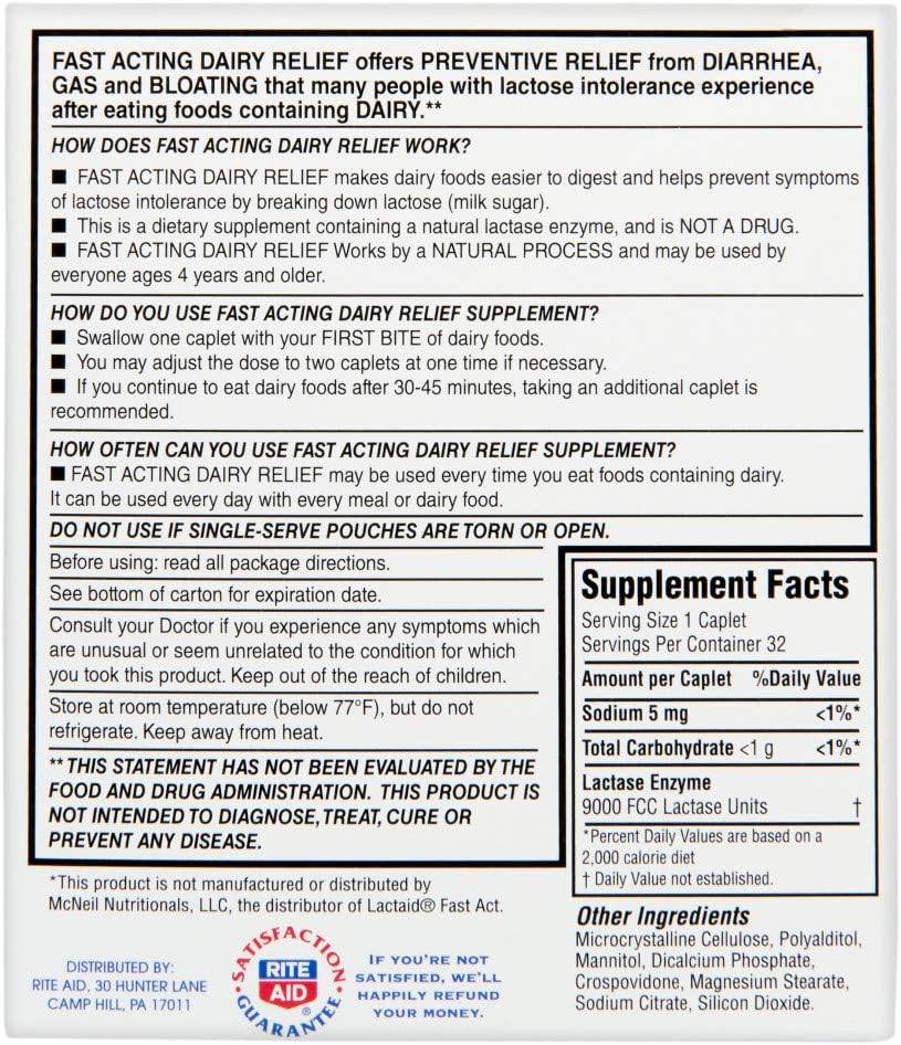Rite Aid Fast Acting Dairy Relief Caplets - 32 Count | Fast Act Dairy Digest: Health & Personal Care