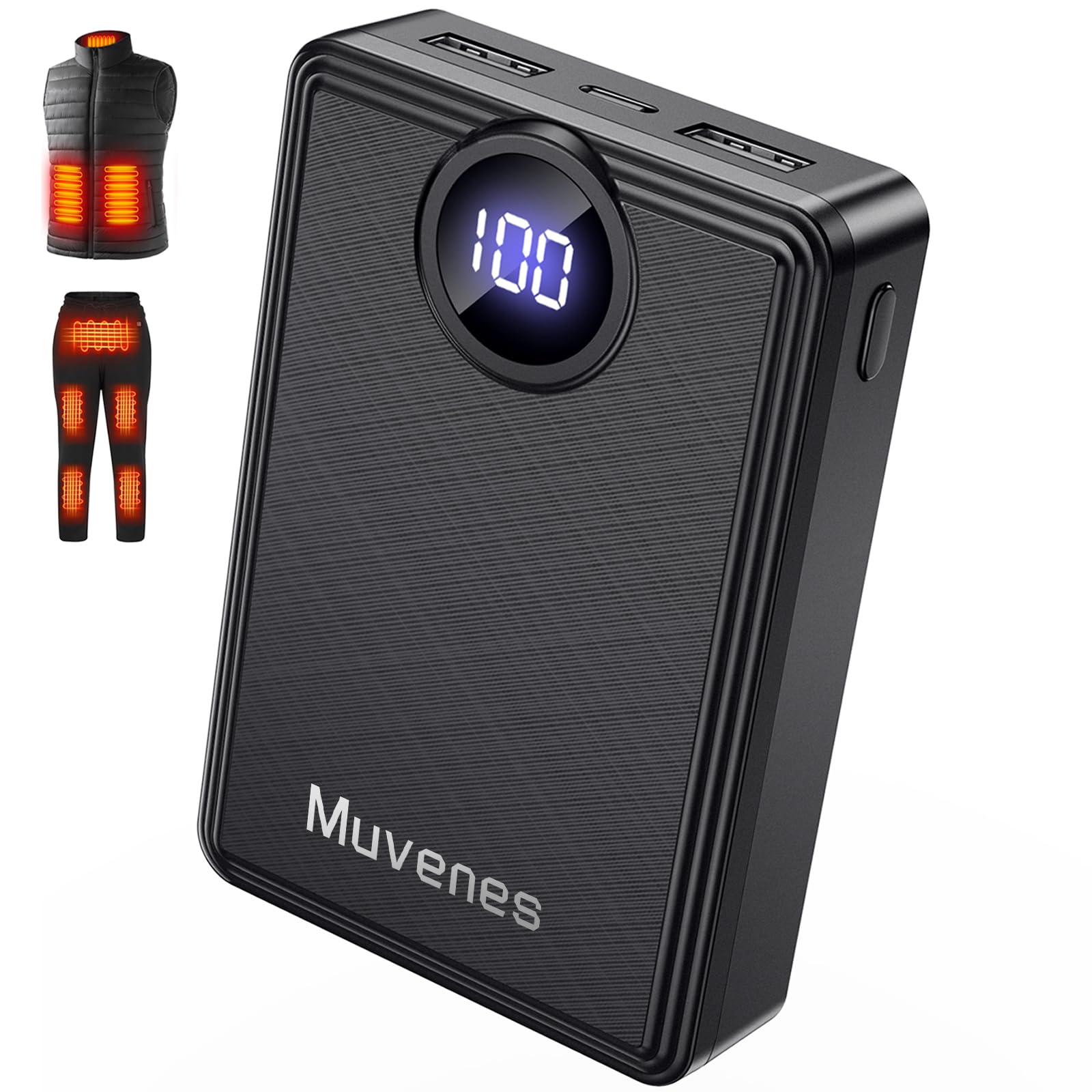 Muvenes Heated Vest Battery Pack, Portable Power Charger 12000mAh 5V/2A Power Bank with LED Display, Compatible with Soleilwear USB Heated Clothing - No for 7.4V DC Heated Devices