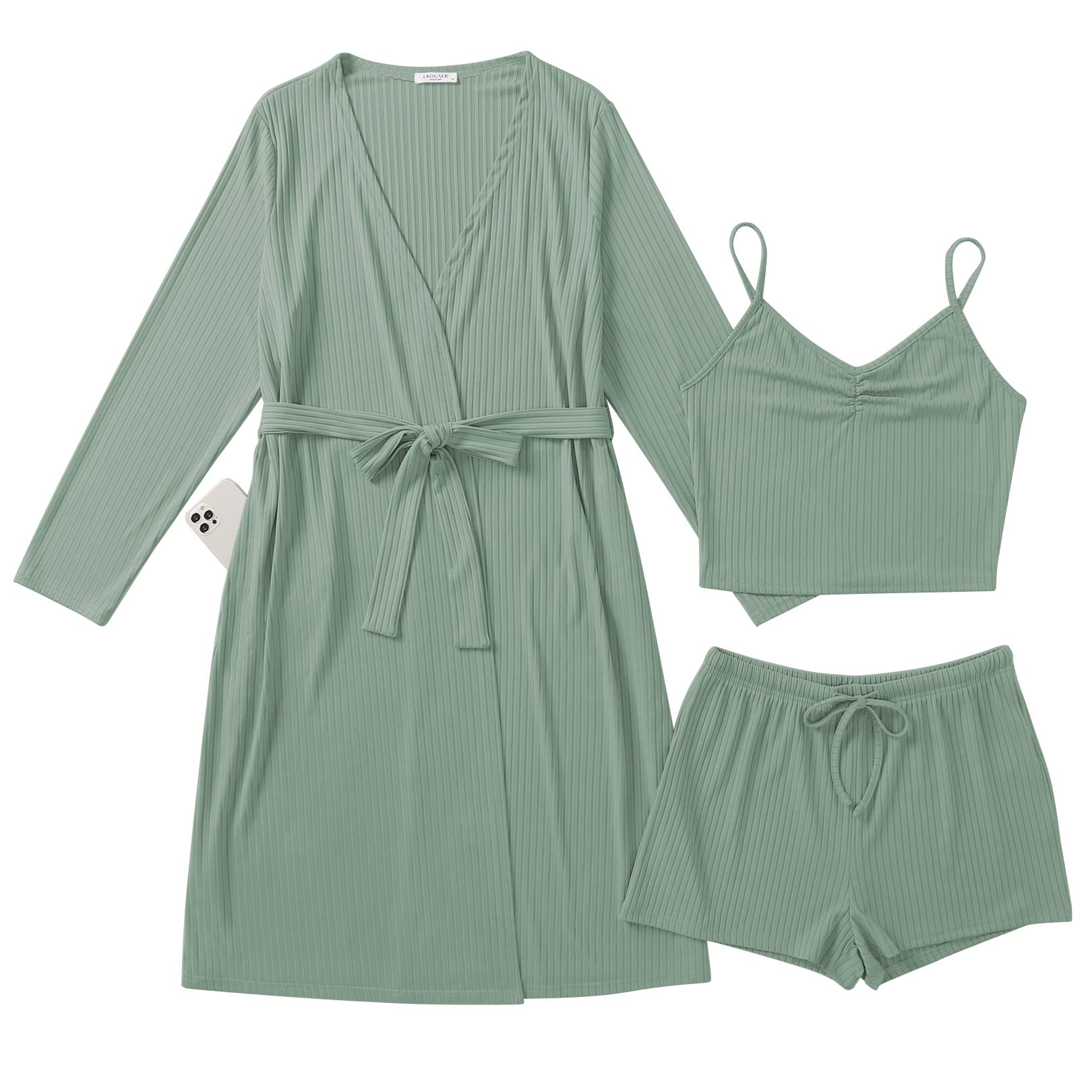 Photo 1 of *****MISSING THE TOP****Ekouaer Rib Knit Pajamas Set for Women 3 Piece Lounge Sets Soft Cami and Shorts Pjs with Cardigan Loungewear (Green, XXL)