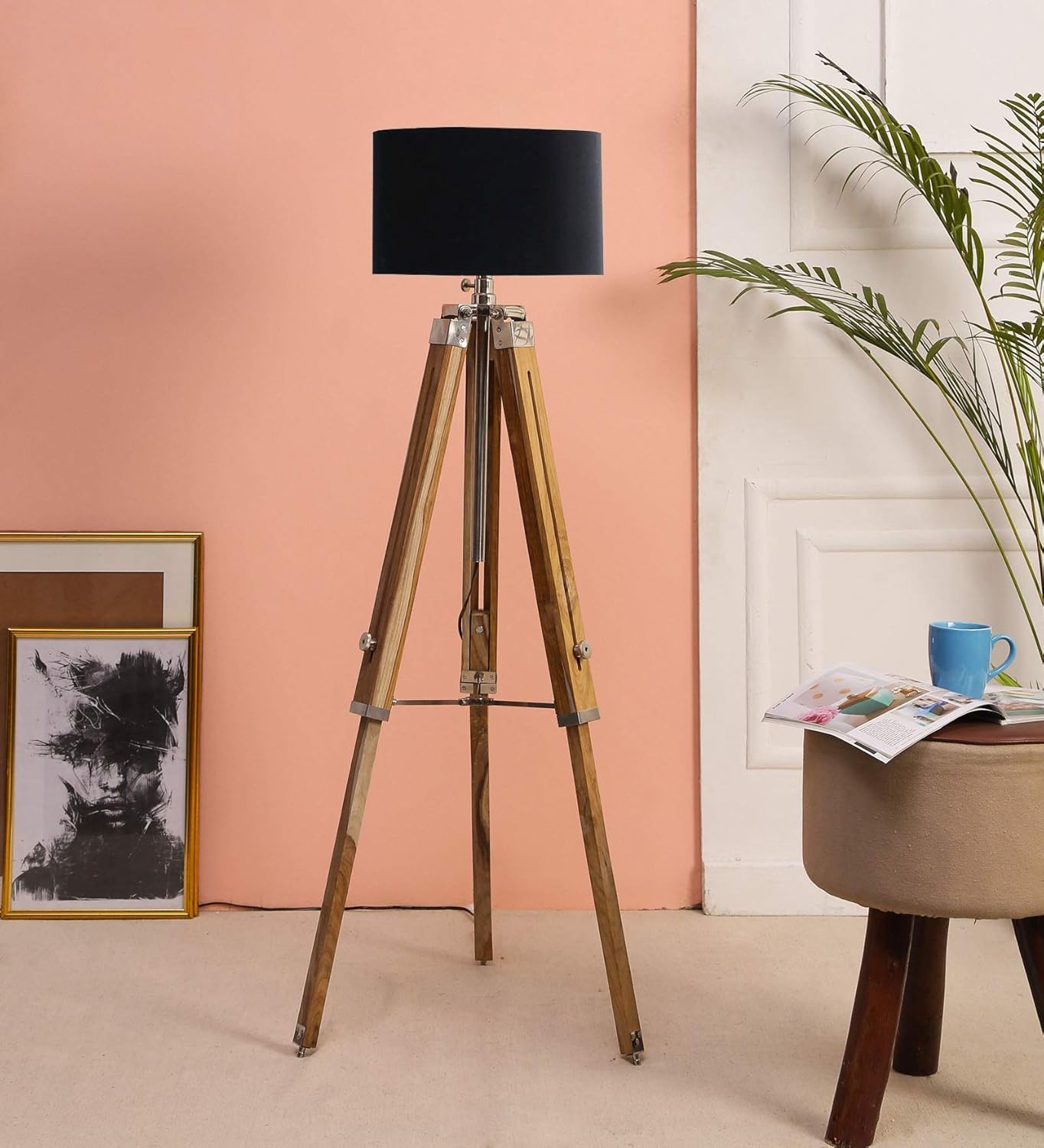 Beverly Studio 14 Black Fabric Lamp Shade With Teak Wood Tripod