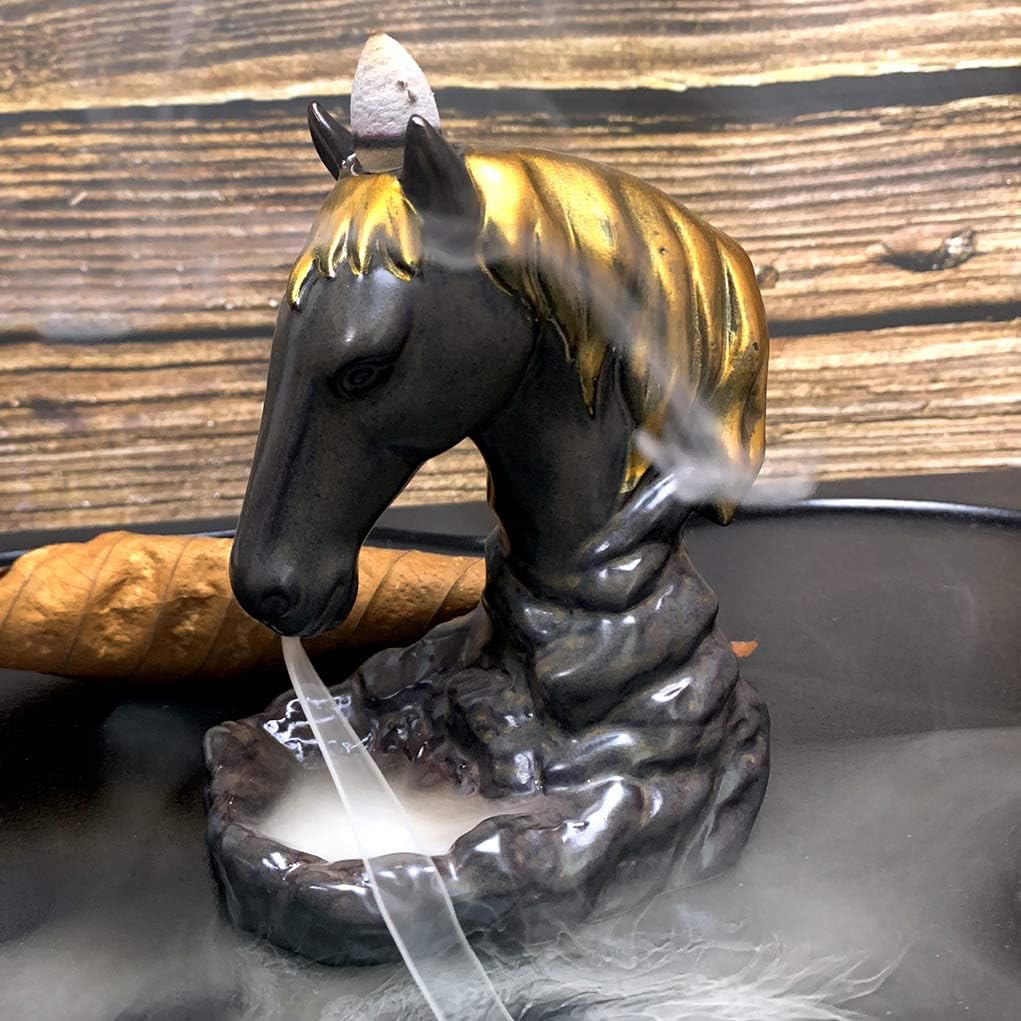 Backflow Incense Burner with 10 PCS Waterfall Incense Cones, Ceramic Horse Fountain Figurine Home Decor Statue Ornaments