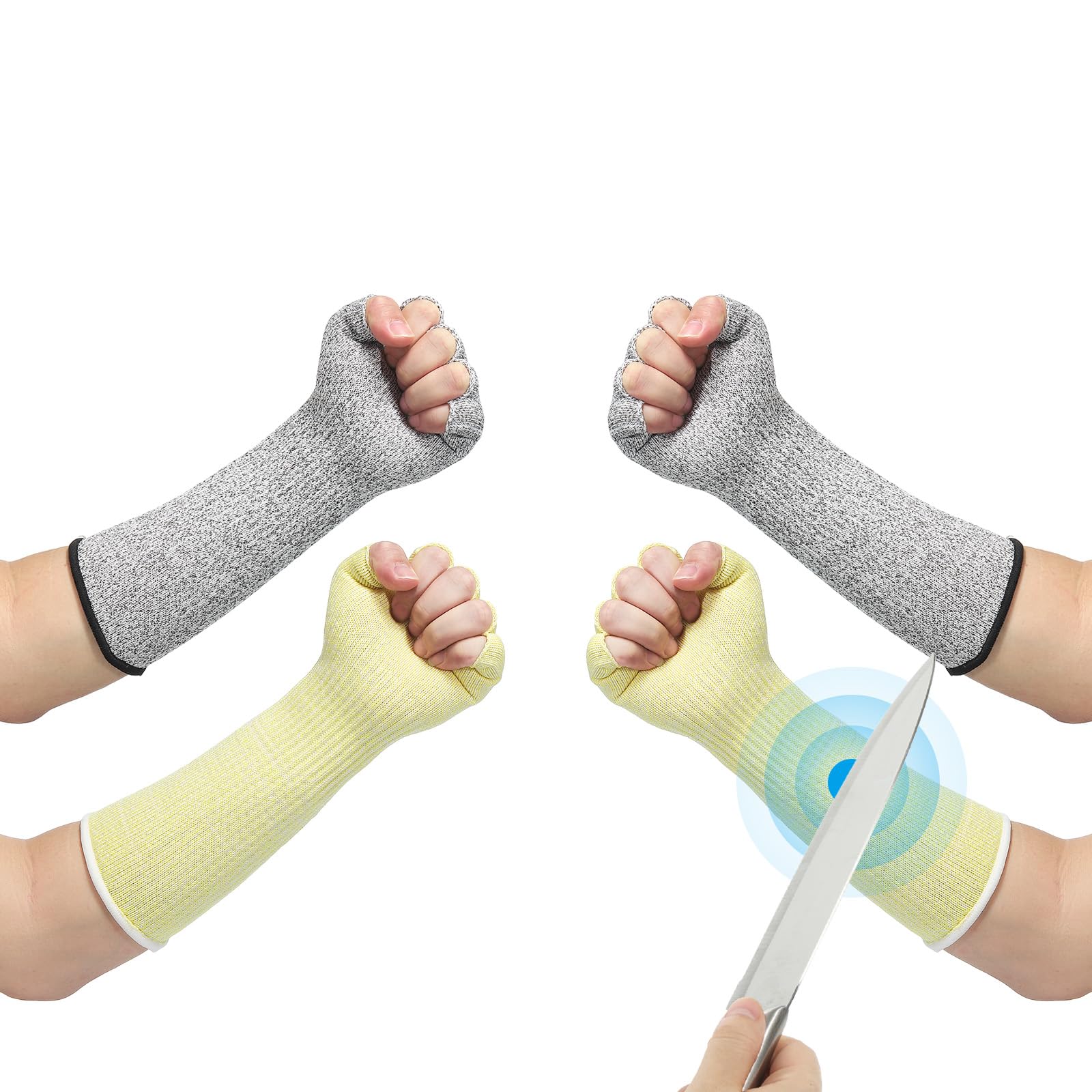 PATIKIL 12 Inch Cut Resistant Sleeves with Finger Grips, 2 Pair Forearm Protective Sleeves Level 5 Protection Arm Safety Protectors Sleeves for Thin Skin and Bruising, Yellow/Gray