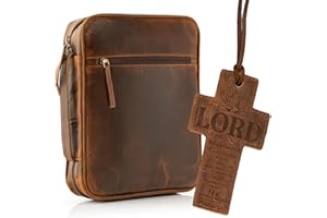ELIZO Leather Bible Cover for Men Bible Case Women Holder Carrying Organizer Wrap Sleeve Protector Christian Religious Gift Cross Bookmark – Large Antique Brown
