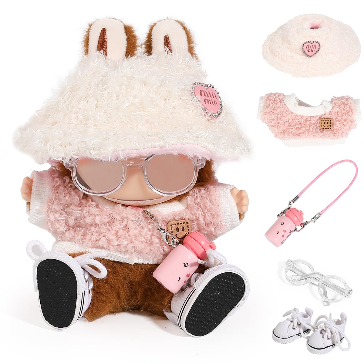 LEWOTE Clothes Set Compatible for Labubu Doll, Hat Suit Ornaments Accessories Set for 17cm/6.7inch Doll (Set 2 Pink Kettle) — image 1