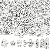 FINGERINSPIRE 160Pcs 8 Styles Tibetan Style Alloy Word Message Charms Pendants, Palm/Heart/Oval/Rectangle/Flower Shapes Handmade Charms Pendants Jewelry Making Accessories for DIY Necklaces Bracelets
