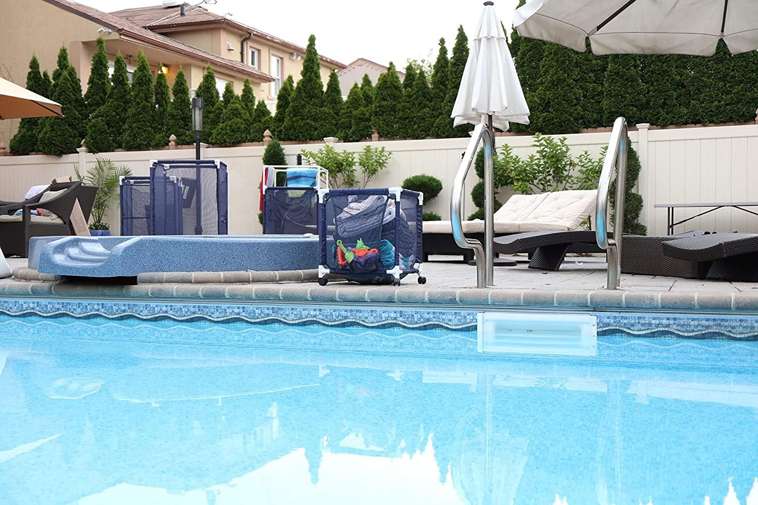 Essentially Yours Rolling Pool Noodle Storage Organizer Bin, Standard Noodle Holder, 24" W x 24" L x 38" H, Blue Mesh/White PVC : Garden & Outdoor